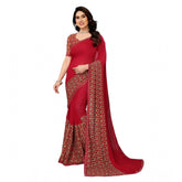 Red georgette printed saree with unstitched blouse, 5.5mtr