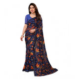 Blue georgette printed saree with unstitched blouse, 5.5mtr length