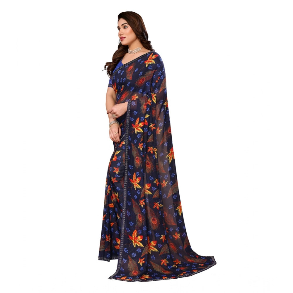 Blue Georgette printed saree with unstitched blouse, 5.5Mtr length on mannequin