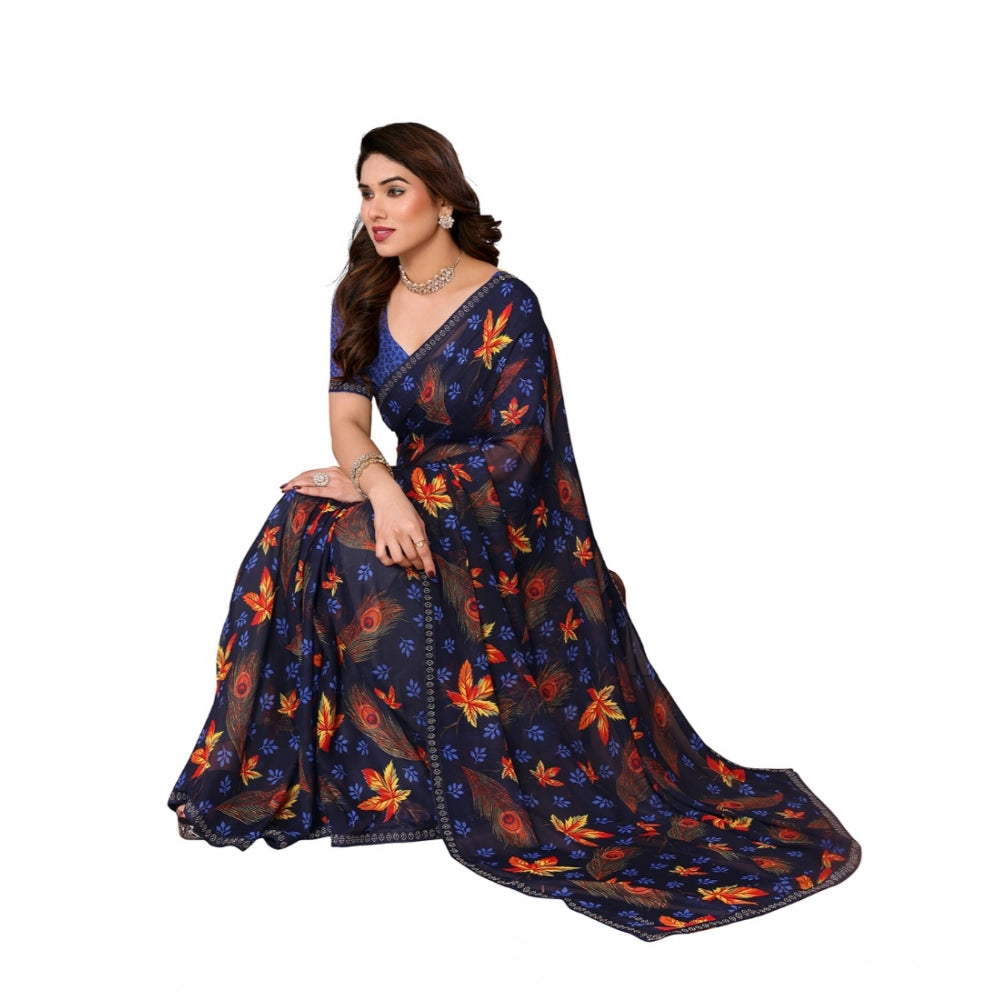 Blue georgette printed saree with unstitched blouse, 5.5mtr length on mannequin