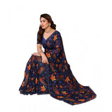 Blue georgette printed saree with unstitched blouse, 5.5mtr length on mannequin