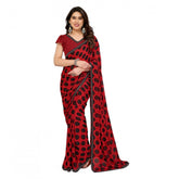 Red Georgette printed saree with unstitched blouse, 5.5Mtr length on display mannequin