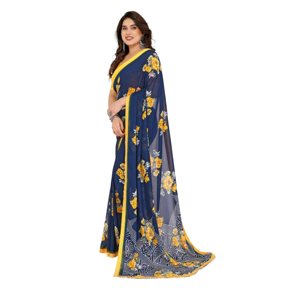 Blue Georgette printed saree with unstitched blouse, 5.5mtr length