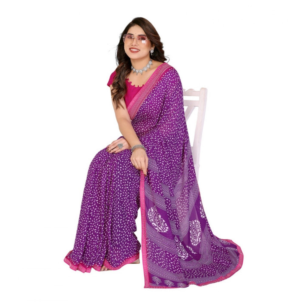 Purple georgette printed saree with unstitched blouse (5.5mtr), vibrant design showcased on model