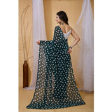 Green Georgette printed saree with unstitched blouse (5.5mtr), traditional Indian women's fashion on mannequin