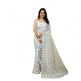 White-Grey Georgette Printed Saree with unstitched blouse, 5.5Mtr on clothing hanger