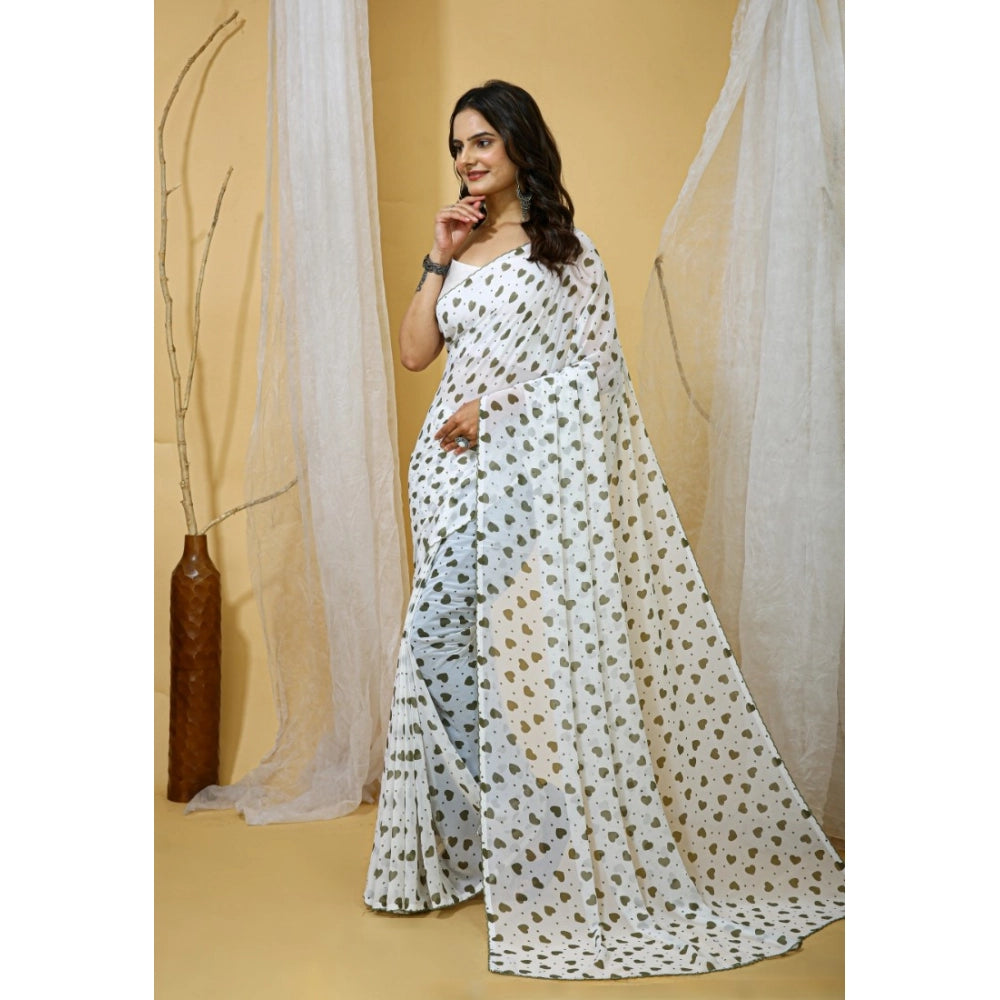 White-Grey Georgette printed saree with unstitched blouse, 5.5Mtr length