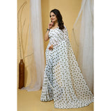 White-Grey Georgette printed saree with unstitched blouse, 5.5Mtr length