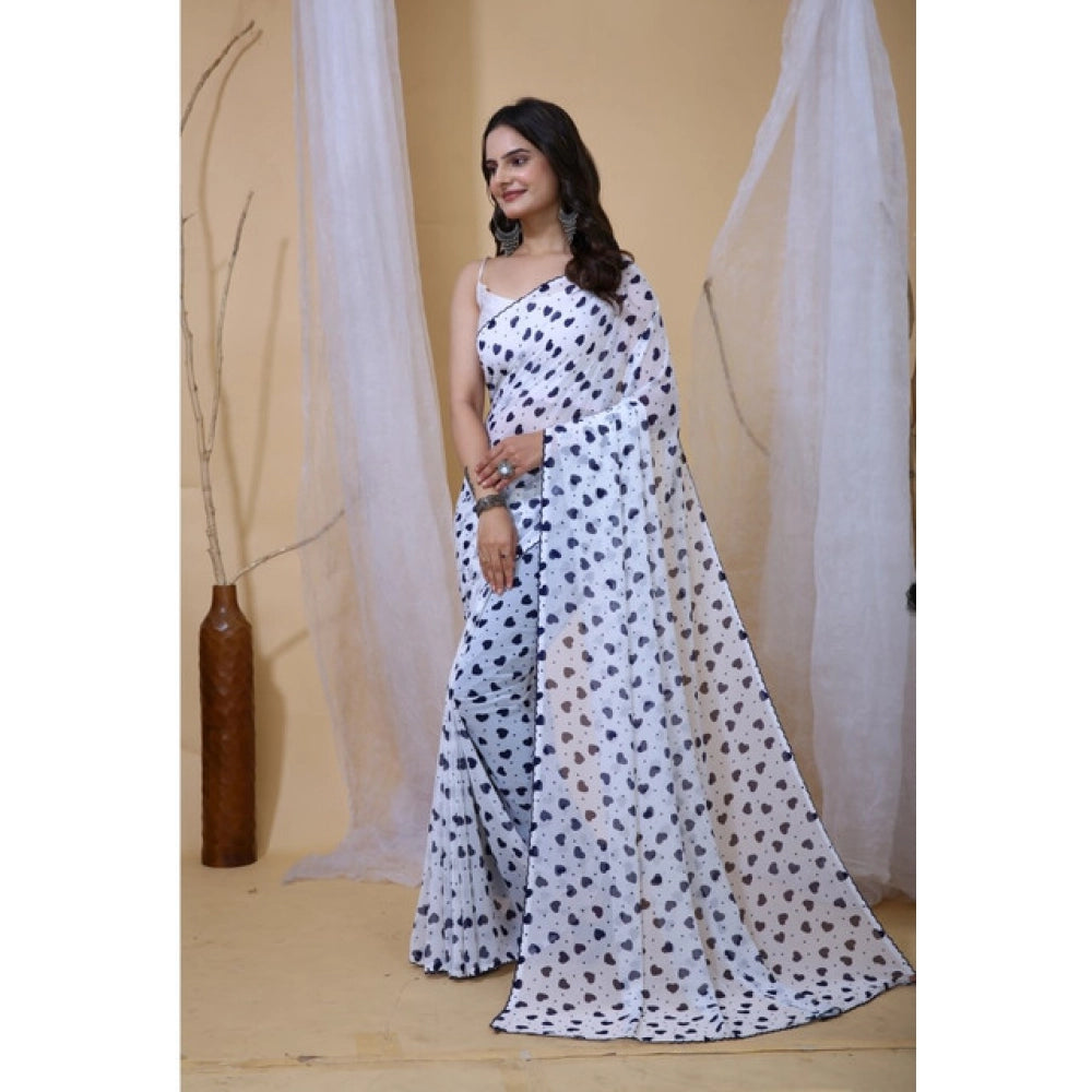 White-Blue Georgette printed saree with unstitched blouse (5.5Mtr), traditional Indian attire on mannequin