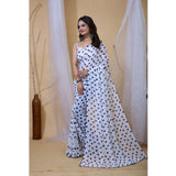 White-Blue Georgette printed saree with unstitched blouse (5.5Mtr), traditional Indian attire on mannequin
