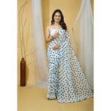White georgette printed saree with unstitched blouse, 5.5mtr length on hanger