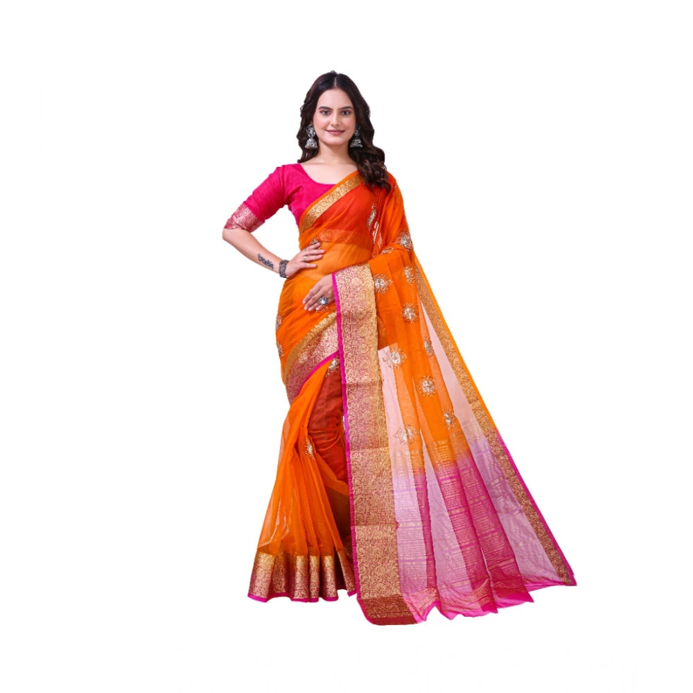 Orange organza jacquard embellished saree with unstitched blouse, vibrant accessory for traditional Indian wear