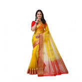 Yellow organza jacquard embellished saree with unstitched blouse (5.5mtr), traditional Indian women's wear accessory