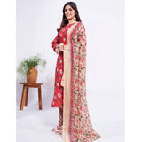 Red cotton blend printed kurti with pant dupatta set, featuring 3/4th sleeves and below knee length