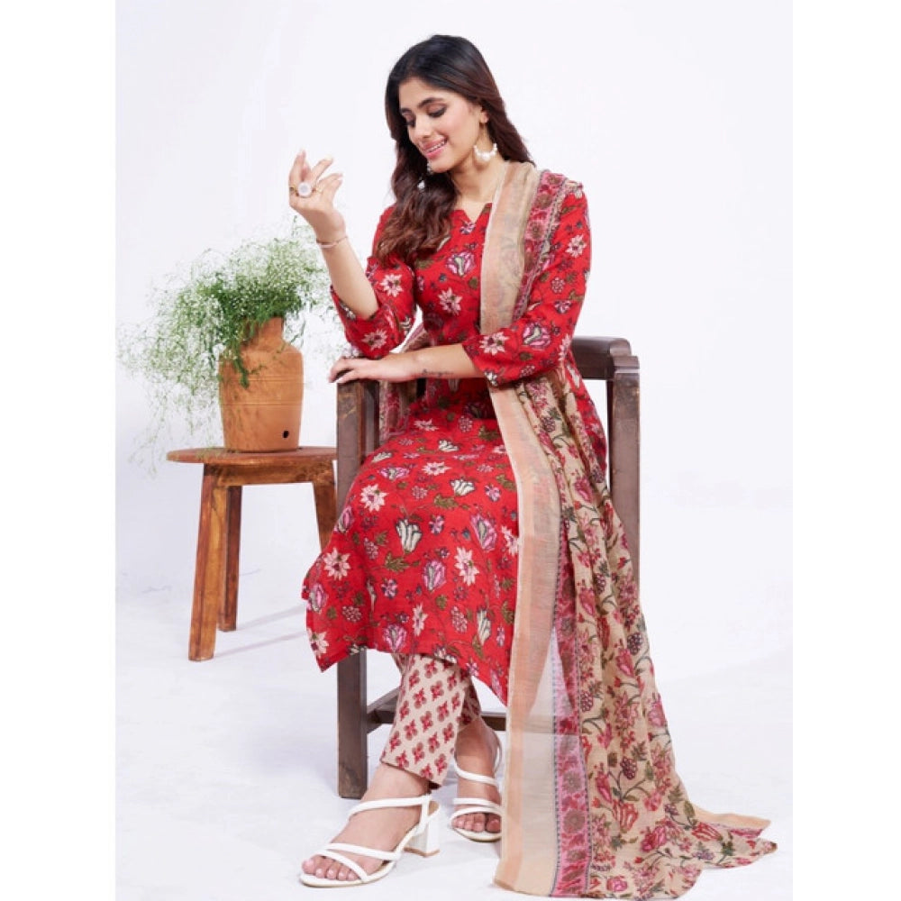 Red cotton blend printed kurti with pant dupatta set, below knee length, round neck, 3/4th sleeves