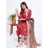 Red cotton blend printed kurti with pant dupatta set, round neck, 3/4th sleeves, below knee length