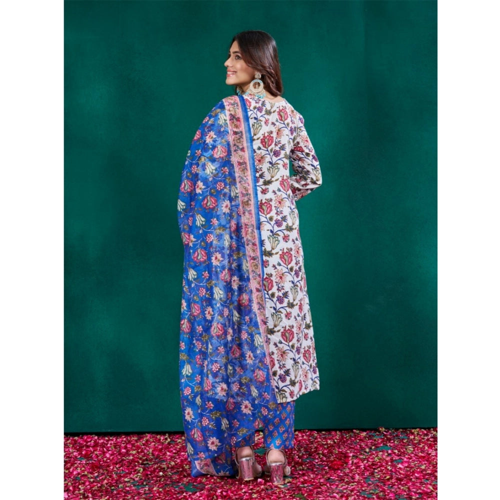 Multicolor cotton blend printed kurti & pant set with dupatta, below knee length, round neck, 3/4th sleeve