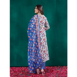 Multicolor cotton blend printed kurti with pant dupatta set, below knee length, round neck, 3/4th sleeve design for women's fashion