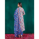 Multicolor cotton blend printed kurti & pant set with dupatta, below knee length, round neck, 3/4th sleeve