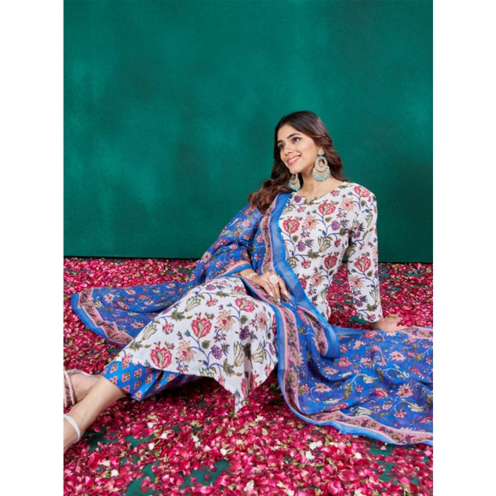 Multicolor cotton blend printed kurti with pant dupatta set, below knee length, round neck, 3/4th sleeve
