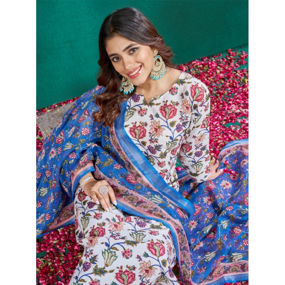 Multicolor cotton blend printed kurti with pant dupatta set, below knee length with 3/4th sleeves and round neck