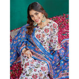 Multicolor cotton blend printed kurti with pant dupatta set, below knee length, round neck, 3/4th sleeve on mannequin for women's fashion