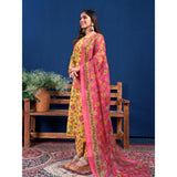 Yellow cotton blend printed kurti with pant dupatta set, comfortable and stylish women's ethnic wear