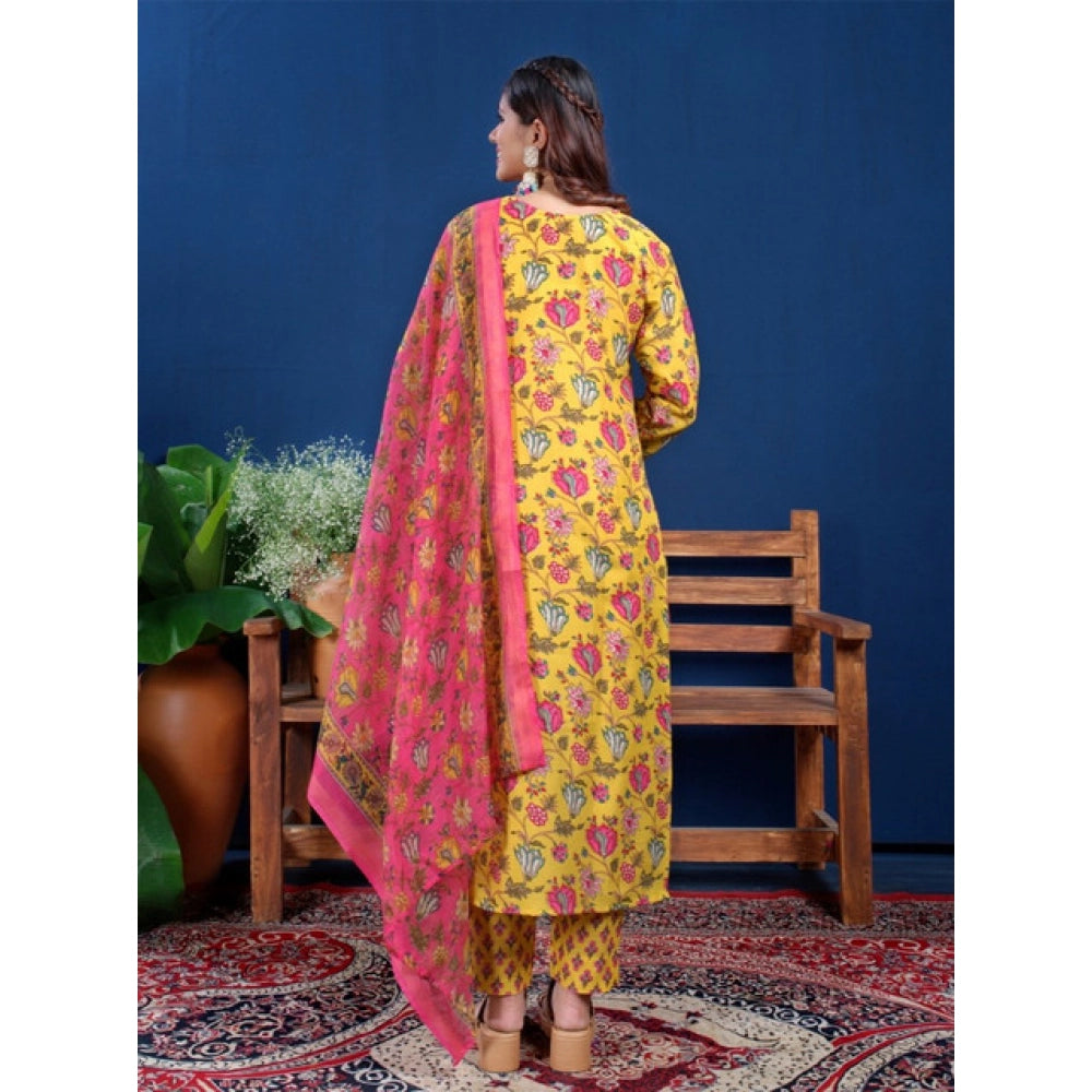 Yellow cotton blend printed kurti set with pant dupatta, below knee length, 3/4th sleeve, round neck, on mannequin