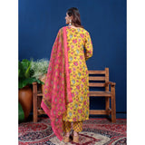 Yellow cotton blend printed kurti set with pant dupatta, below knee length, 3/4th sleeve, round neck, on mannequin