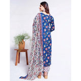 Blue cotton blend printed kurti with pant dupatta set, 3/4th sleeve round neck, below knee length