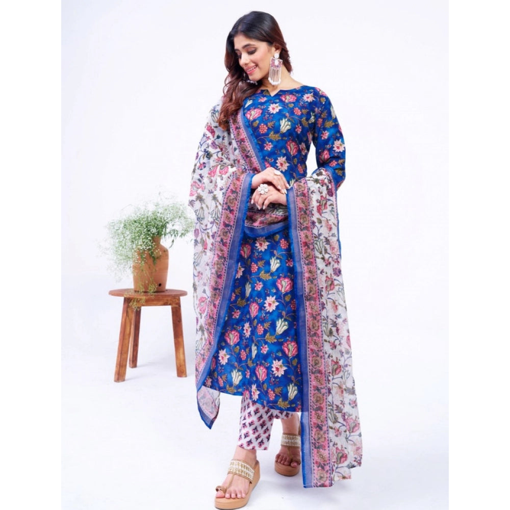 Blue cotton blend printed kurti set with pant dupatta, below knee length, round neck, 3/4th sleeves