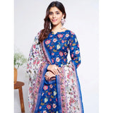 Blue cotton blend printed kurti with pant dupatta set, below knee length, round neck, 3/4th sleeve