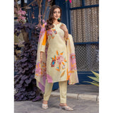 Cream cotton blend printed kurti set with pant dupatta, knee-length, round neck, 3/4th sleeves for women