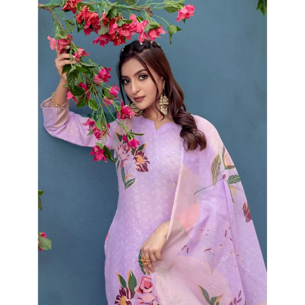 Lavender cotton blend printed kurti with pant dupatta set - stylish knee-length round neck, 3/4th sleeve Indian outfit