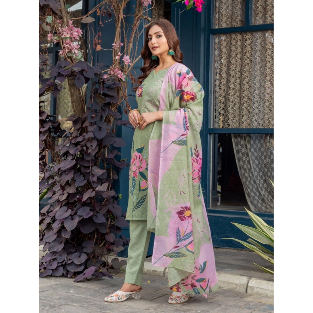 Mehendi cotton blend printed kurti set with pant dupatta, knee-length round neck 3/4th sleeve for women