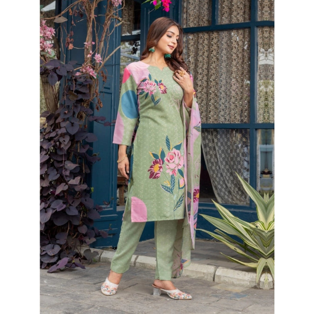 Mehendi cotton blend printed kurti with pant dupatta set - vibrant patterned knee-length kurta with 3/4th sleeves and matching dupatta