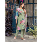 Mehendi cotton blend printed kurti with pant dupatta set - vibrant patterned knee-length kurta with 3/4th sleeves and matching dupatta