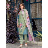 Mehendi cotton blend printed kurti & pant dupatta set with 3/4th sleeves, knee-length, and round neck
