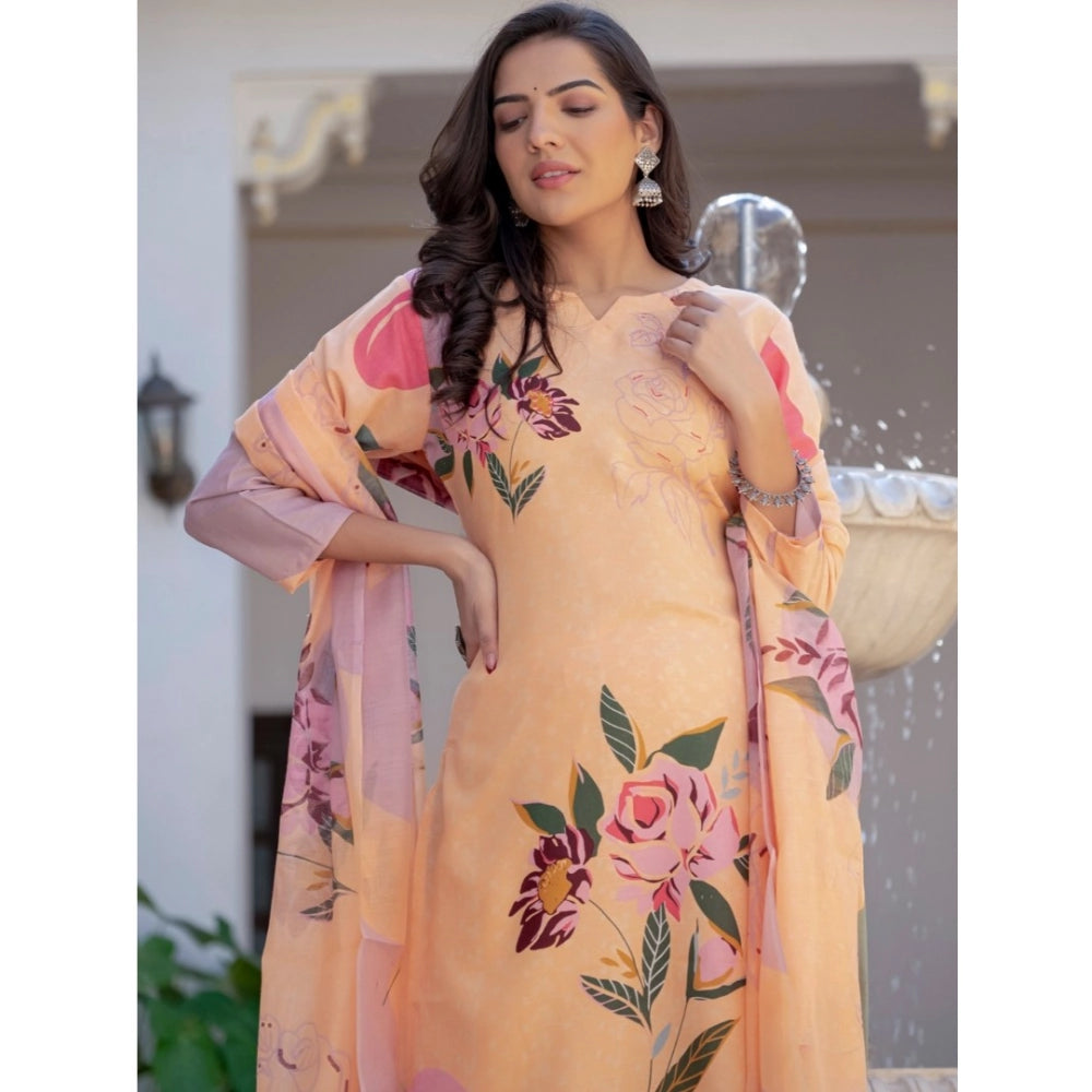 Orange cotton blend printed kurti with pant dupatta set on mannequin, featuring knee-length, round neck, 3/4th sleeve kurti with matching dupatta