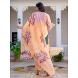 Orange cotton blend printed kurti and pant dupatta set with 3/4th sleeves, knee-length and round neck, for women's fashion