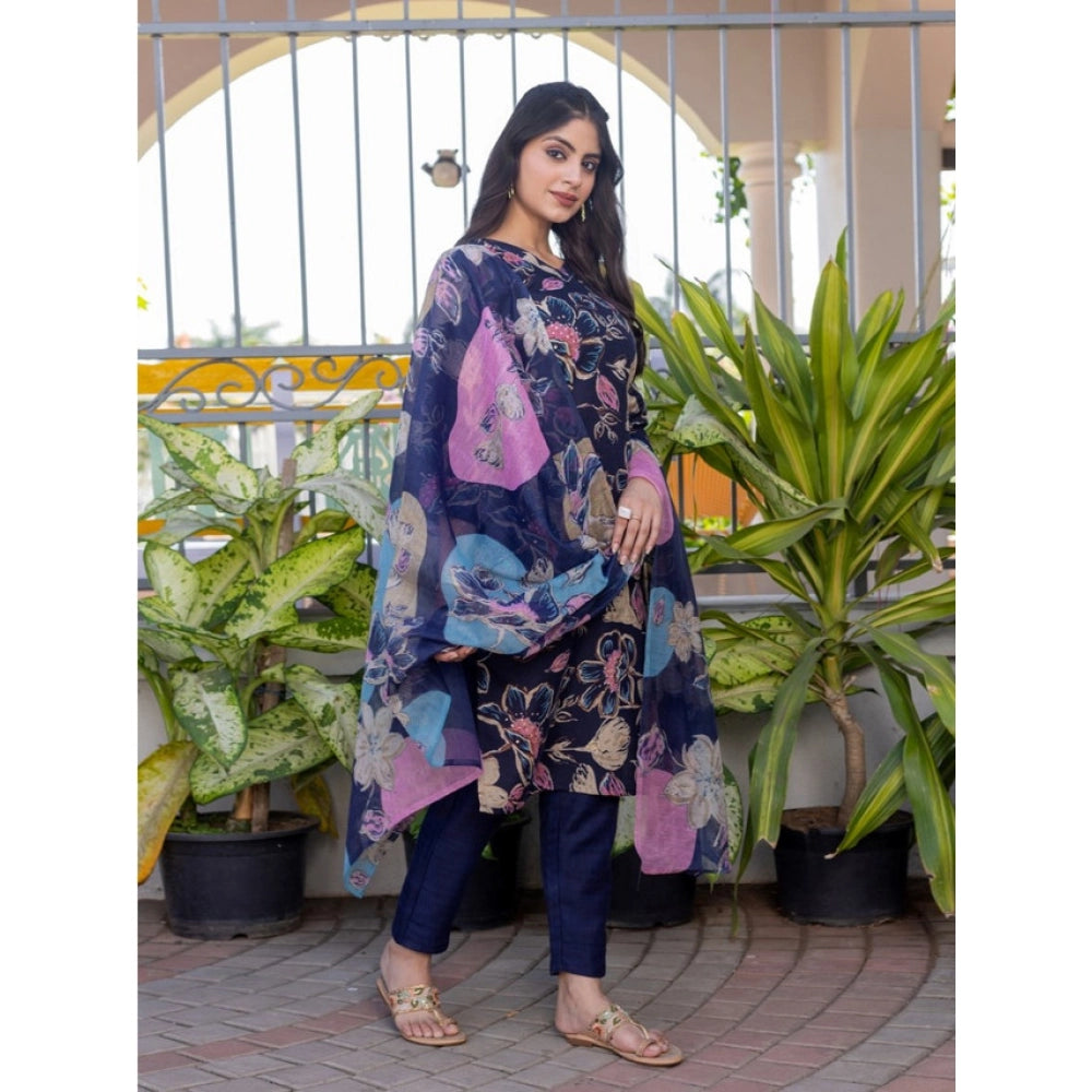 NavyBlue cotton blend printed kurti set with pant dupatta, knee length V-neck 3/4th sleeve design for women's fashion