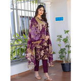 Purple cotton blend printed kurti set with pant dupatta, knee-length V-neck 3/4th sleeve design for women's fashion
