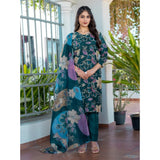 Women's Rama cotton blend printed knee-length kurti with pant dupatta set - vibrant colors, V-neck, 3/4th sleeves, Indian fashion attire on model
