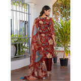 Rust cotton blend printed kurti with pant dupatta set, 3/4th sleeve V-neck, knee length style for women's fashion