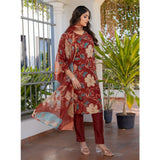 Rust cotton blend printed kurti with pant dupatta set, V-neck with 3/4th sleeves, knee length for women's fashion