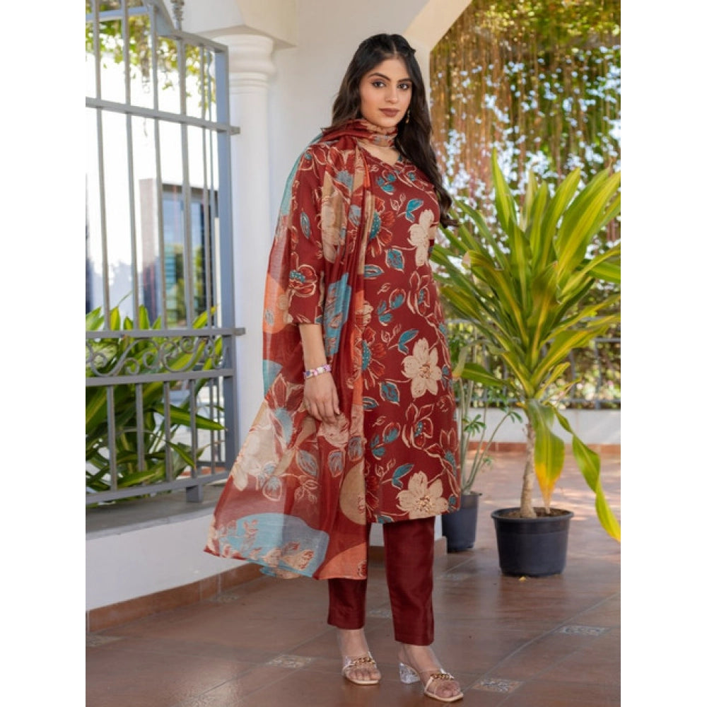 Rust cotton blend printed kurti with pant dupatta set, vibrant pattern for women's fashion