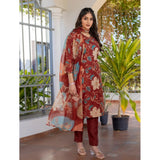 Rust cotton blend printed kurti with pant dupatta set for women, vintage-inspired v-neck 3/4th sleeve design