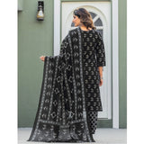 Black cotton blend printed kurti and pant set with dupatta, V-neck, 3/4th sleeve, below knee length