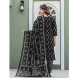 Black cotton blend printed kurti and pant set with dupatta, V-neck and 3/4th sleeves, below knee length, patterned fabric