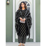 Black cotton blend printed kurti with pant dupatta set, V-neck, 3/4th sleeve, below knee length, fashionable Indian wear for women